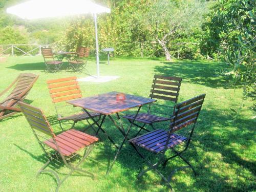 a picnic table and chairs in the grass at Agriturismo Casal Grande in Canepina