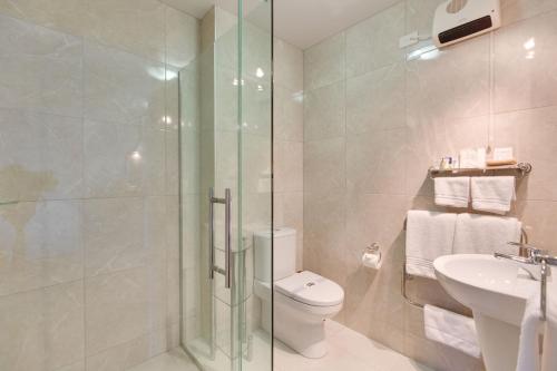 a bathroom with a shower and a toilet and a sink at BKs Premier Motel Esplanade in Lower Hutt