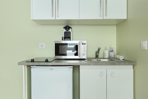 a kitchen counter with a microwave and a sink at Rent a Room - Cosy studio in Paris