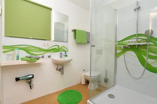 皮爾納的住宿－Hortensiensuite，带淋浴、卫生间和盥洗盆的浴室
