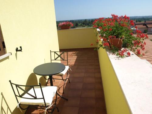 a balcony with a table and chairs and flowers at Apartmani Hrelja in Labinci