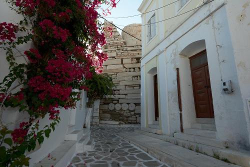 an alley with flowers and a door on a building at Argonauta Hotel in Parikia