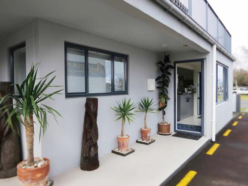 a group of potted plants on the side of a building at ASURE Ascot Motor Inn in Taupo