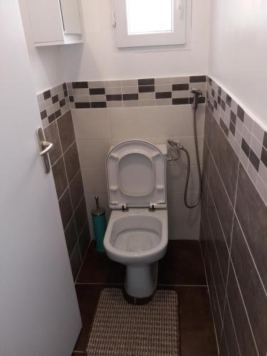 Elle comprend une petite salle de bains pourvue de toilettes et d'une fenêtre. dans l'établissement villa alex, à Toulouse