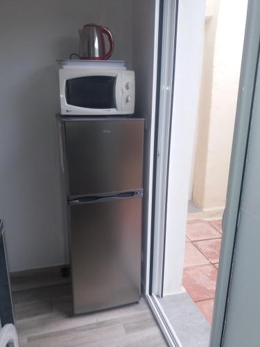 un micro-ondes posé sur un réfrigérateur dans l'établissement villa alex, à Toulouse
