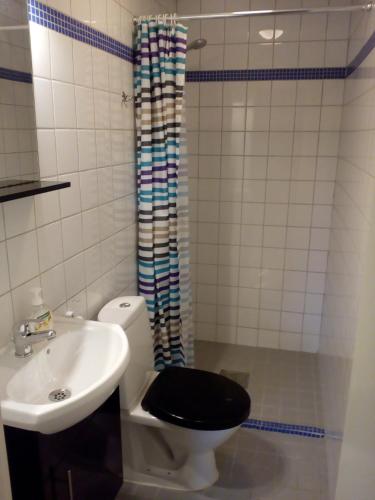 a bathroom with a black toilet and a sink at Kvarngården Natur Resort in Byxelkrok