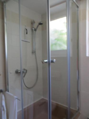 a shower with a glass door in a bathroom at Zur Gartenlaube in Bullay