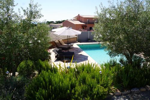 a swimming pool with an umbrella and chairs and trees at Lone Star House in Sainte-Maxime