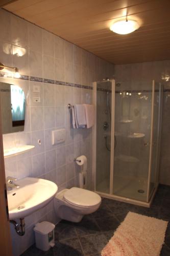 a bathroom with a shower and a toilet and a sink at Gasthof Walde in Rifiano