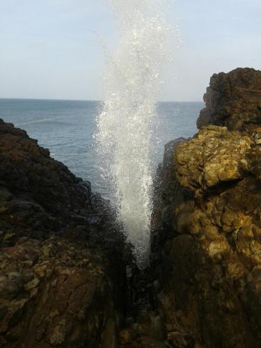 a wave is splashing off of a rocky beach at Sunset Surfing Beach Resort in Matara