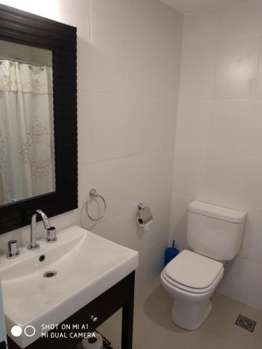 Un baño con un inodoro blanco y un lavabo. en La Suitte, en Bahía Blanca
