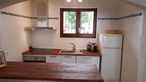 エンプリアブラバにある010 Segre casa con piscina y amarreの小さなキッチン(シンク、冷蔵庫付)