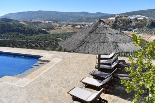a group of chairs and a straw umbrella next to a swimming pool at El Mirador in Iznájar
