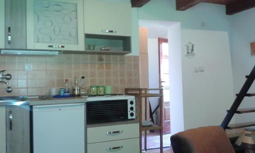 a kitchen with a stove and a counter top at Apartmani Jovanovic in Perućac