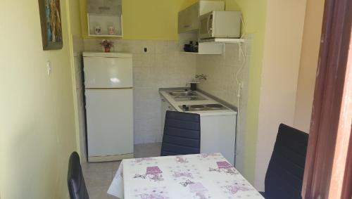 a small kitchen with a white refrigerator and a table at Apartment Stanko in Ližnjan