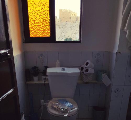 a bathroom with a toilet and a window at Karak House in Kerak