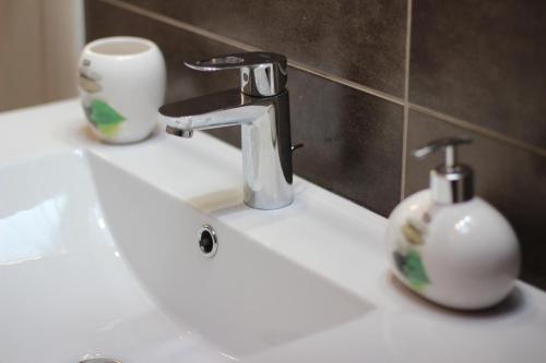 a bathroom sink with a faucet and a toothbrush holder at Apartman Rustik in Belgrade