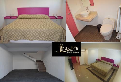 three pictures of a bedroom with a bed and a bathroom at Hotel Boutique Dubai in Acapulco