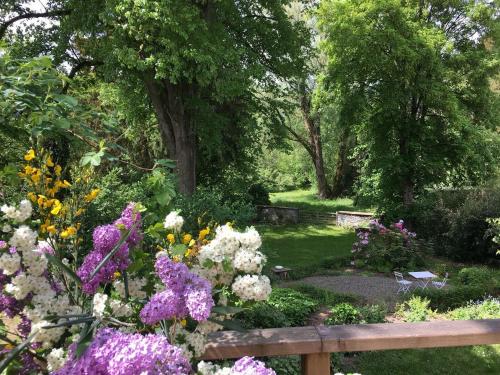 a garden with colorful flowers and a wooden bench at B&B Les Tilleuls in Vielsalm