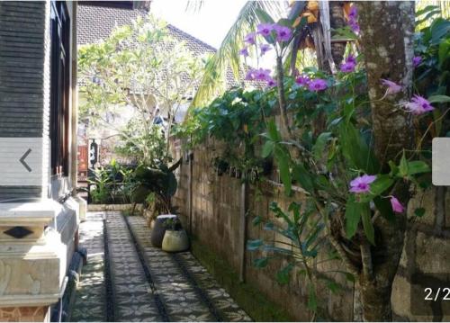 an alley with purple flowers on a wall at Kuwera Homestay in Nusa Penida