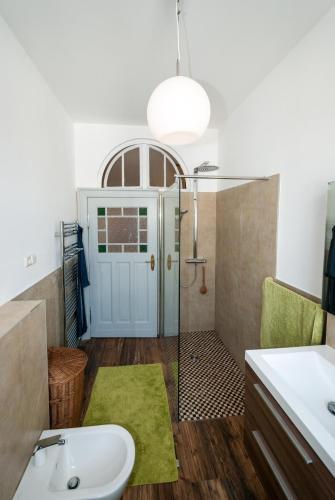 a bathroom with a sink and a glass door at Ferienwohnung "Kleines Glück auf 100qm" - min 3 nights, max 5 pers in Sassnitz