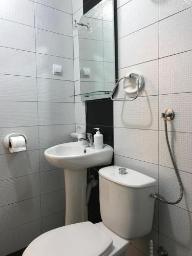 a bathroom with a sink and a toilet and a mirror at Apartments Stefan in Sveti Stefan