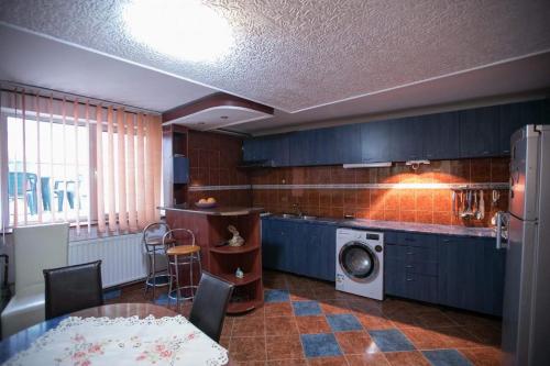 a kitchen with a table and a washing machine at Vila Zeno in Braşov