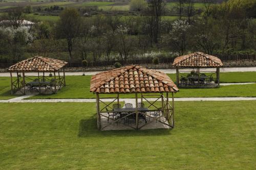 a group of three picnic tables in a field with umbrellas at Babaneuris Marani in Babaneuri
