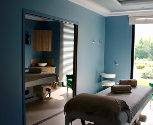a blue bedroom with a bed and a mirror at Chateau du Clos de la Ribaudiere - Teritoria in Chasseneuil-du-Poitou