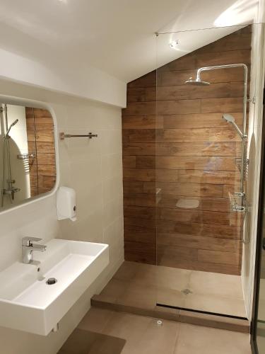 a bathroom with a sink and a glass shower at Mihaylova kushta in Lyubosh