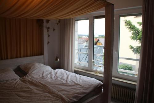 a bedroom with a bed and two windows at Apartment Rheingold in Bayreuth