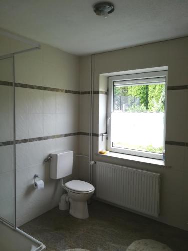 a bathroom with a toilet and a window at Ferienwohnung Albus in Albertshausen
