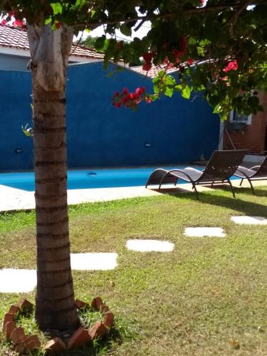 a tree in the grass with a bench next to it at Cantinho Aconchegante in Brotas