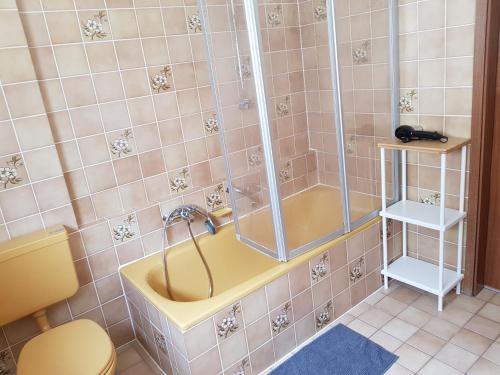 een badkamer met een bad en een douche bij Gästehaus Windheim (Karlsruhe-Knielingen 2) in Karlsruhe