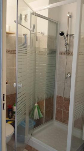 une douche avec une porte vitrée dans une salle de bain dans l'établissement WIFI Appartement Panoramisch Zeezicht max 4 personen in Narbonne Plage, à Narbonne-Plage