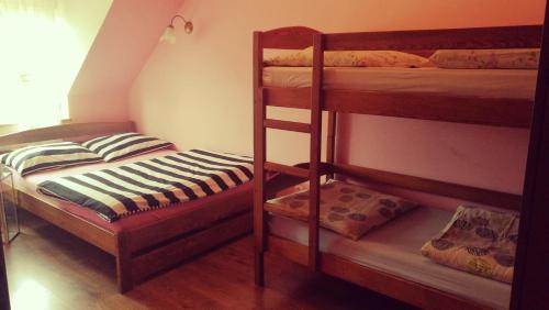 a bedroom with two bunk beds and a pillow at Noclegi U Dyncyka in Krajno Pierwsze