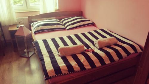 a bed with black and white striped sheets and pillows at Noclegi U Dyncyka in Krajno Pierwsze