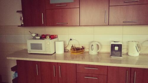 a kitchen counter with a microwave and a cell phone at Noclegi U Dyncyka in Krajno Pierwsze