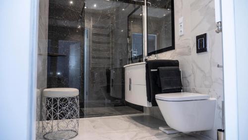 uma casa de banho com um chuveiro, um WC e um lavatório. em Apartament Wrocławska 29 em Legnica