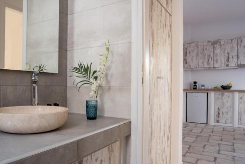 un bagno con lavandino e vaso con una pianta di Elia Residences Santorini a Karterados