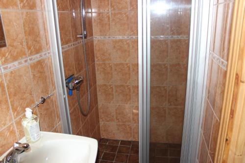a bathroom with a shower and a sink at Røldalstunet Overnatting in Røldal