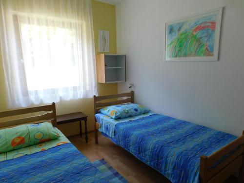1 dormitorio con 2 camas y ventana en Apartment Neda Z-velika okućnica, besplatni parking i optički wi-fi, en Labin