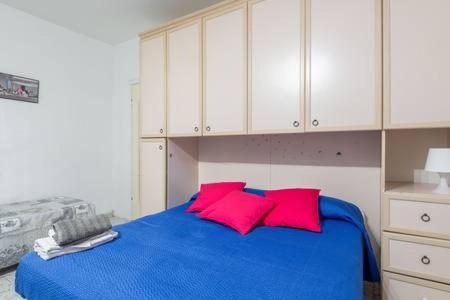 1 dormitorio con cama azul y almohadas rojas en casetta cassia roma, en Isola Farnese
