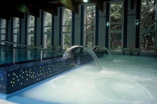 a swimming pool with two water fountains in it at Hotel Terme in Monticelli Terme