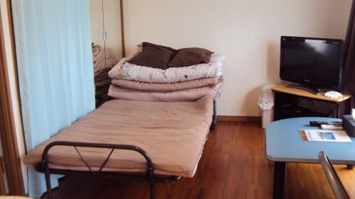 a room with a bed with pillows and a tv at BIGJOY INN Hirokouji in Miyako-jima