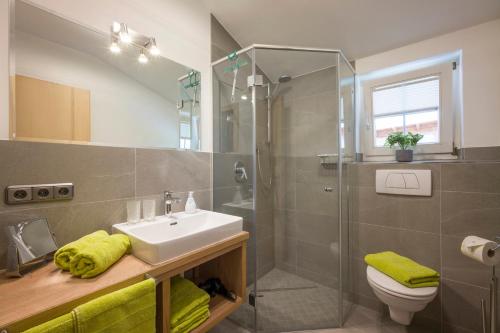 ein Badezimmer mit Waschbecken, Toilette und Dusche in der Unterkunft Martin Feyersinger in Ellmau