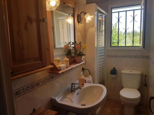 a bathroom with a sink and a toilet and a window at Llar Montagut in Torredembarra