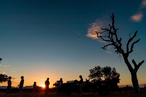 a group of people standing in a field at sunset at Shindzela Tented Camp in Timbavati Game Reserve