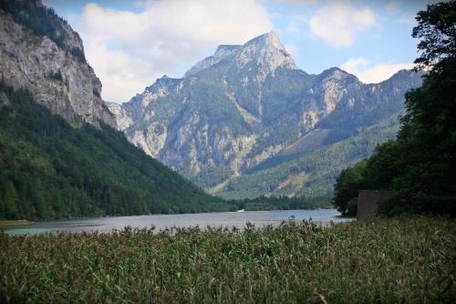 a view of a river with mountains in the background at Haus-erzberg in Vordernberg