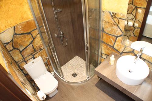 uma casa de banho com um chuveiro, um WC e um lavatório. em Casa Rural Maria Isabel em Puigmoreno